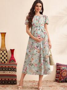 SHEIN Maternity Dress With Puff Sleeves, Tie-Front & Floral Print