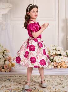 SHEIN Young Girl Solid Bow Decor Short Sleeve Top And Floral Print Skirt 2pcs Set - Hot Pink - View 6