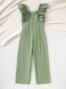 SHEIN Leap Crew Tween Girls Woven Chiffon Ruffle Embroidered Wide Leg Jumpsuit, Mint Green, Suitable For Spring Outing, Resort, Garden Tea, Casual Outings - Mint Green - View 12