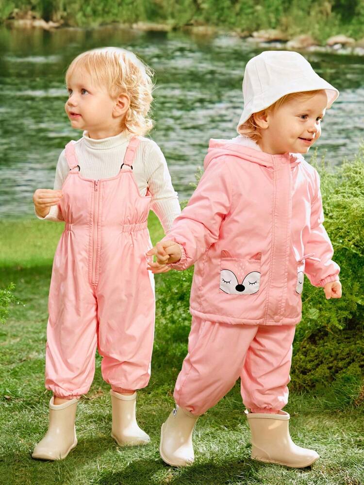2pcs Baby Girls' Casual Cute Print Fleece Hooded Jacket And Elastic Waist Pants Set, Medium Thickness