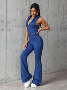 SHEIN EZwear 女士拉链前口袋喇叭腿宽松休闲牛仔连体裤 - 藍色 - 查看 4