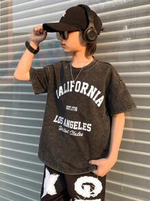 SHEIN Tween Boy Fashion Casual Y2k Gray And Black Denim Hipster Cool Monogram Design Off Shoulder Short Sleeve Street Hipster Snow Texture T-Shirt For Boy Soft Dailywear And The Spring And Summer Kids Clothes - Grey - View 1