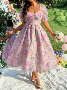 SHEIN Clasi Halloween Plus Size Ladies Elegant Woven Short Sleeve Bra Cup Double Layer Organza Random Flower Pattern Pullover Dress - Dusty Pink - View 5