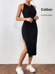 SHEIN Frenchy Đầm Gân đan Tách cao màu trơn Thanh lịch - màu đen - Xem 8