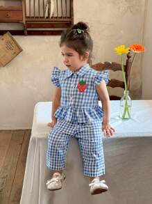 SHEIN LMoss Kids Baby Girl LMoss Cute Plaid Cap Sleeve Top And Pants Set, Summer
