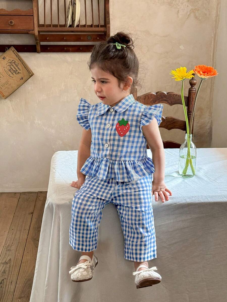 SHEIN LMoss Kids Baby Girl LMoss Cute Plaid Cap Sleeve Top And Pants Set, Summer