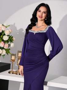 Modelyn Women's Elegant Dress With Lantern Sleeves, Lace Trim & Fishtail Hem - Purple - View 6