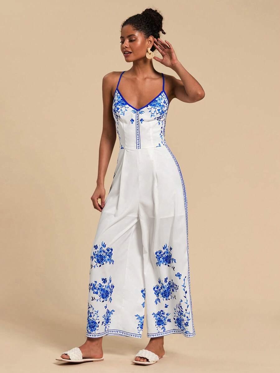 Travachic 春夏复古印花露背阔腿女连体裤 - 藍白色 - 查看 1
