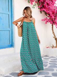 SHEIN VCAY Vestido casual de tiras de espagueti con estampado floral para mujer de talla grande, para vacaciones