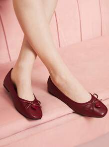 CUCCOO DOLLMOD Round Toe Comfortable Mary Jane Shoes With Bow & Heart Decor, Minimalist Stylish Cute Flat Shoes For Women - Burgundy - View 5