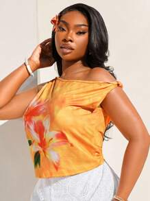 SHEIN SXY Plus Size Women's Spring And Summer Asymmetrical Shoulder Short Style Blooming Large Flower Print,Suitable For Early Spring, Spring And Summer, Rainforest, Beach Party, Seaside Vacation, Bonfire Party, Cool And Light, Slim Fit, Comfortable To Wear,Easy To Match&Looks Slim,Accent Your Body,Flatter The Figure
