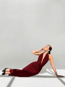 Aloruh Đầm dạ hội dài hở lưng đơn giản thanh lịch màu trắng cho nữ - Màu Đỏ Sâu - Xem 3