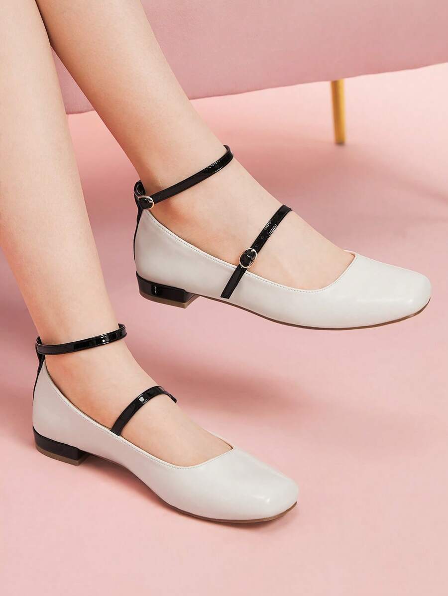 CUCCOO DOLLMOD Women's Flat Square Toe Plaid Mary Jane Shoes,Cute Campus/Japan Style Low Heel - Black and White - View 1