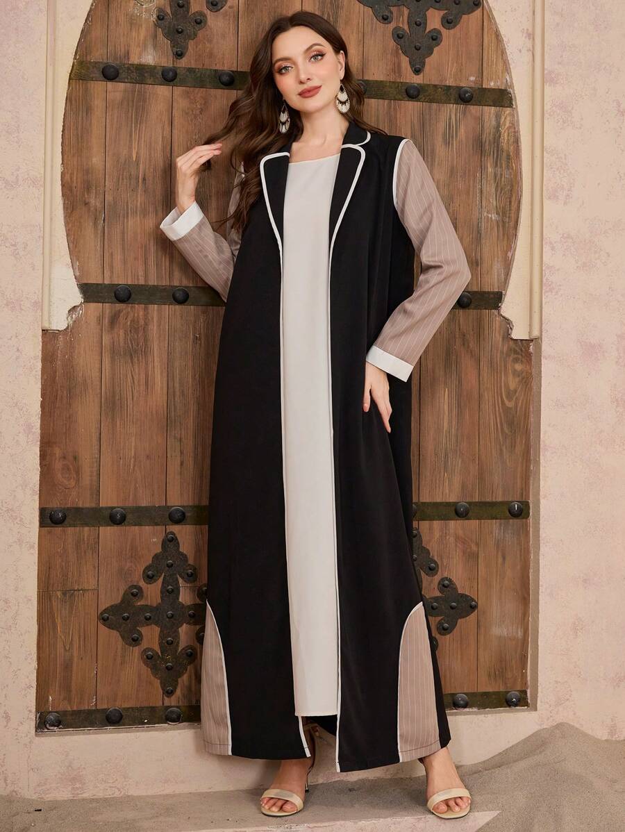 Al Najma Unique Striped Patchwork Collar Cover Up Abayas