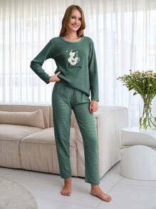 EURMUSE 100% Cotton 2 Pcs  Cat Embroidered Detail Shirt And Striped Sleep Bottom PJ Set - Green - View 4
