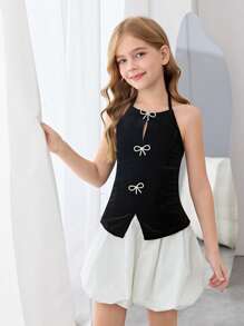 SHEIN 青少年女孩黑色针织水钻蝴蝶结装饰开衩露背时尚背心，适合 Y2K、返校季、母子装 - 黑色 - 查看 6