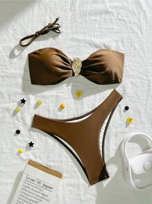 SHEIN Swim Damen Zweiteiliger einfarbiger Bikini-Set mit Brustmetall-Raffung, Lässig-Urlaubs-Stil, Sommer Strand - Braun - Übersicht 6