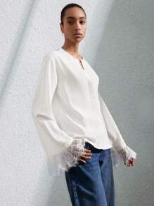 SHEIN Privé Blusa elegante con diseño minimalista de aspecto vintage, cuello, contraste de encaje y mangas de campana para mujer - Blanco - Ver 8