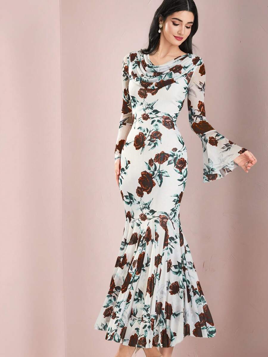 Modelyn Spring Valentine's Day Women's Long Sleeve Floral Print Romance Flounce Dress Botanical Print - Multicolor - View 1
