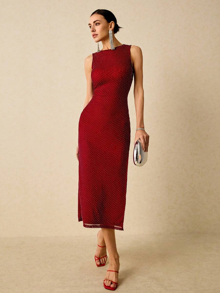 Poéselle Vestido largo informal con abertura lateral y detalles brillantes en color borgoña - Perfecto para eventos formales, fiestas de noche y citas - Burdeos - Ver 1