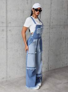 SHEIN EZwear Women's Solid Color Splicing Wide Strap Pocket Casual Denim Bib Pants - Blue - View 1
