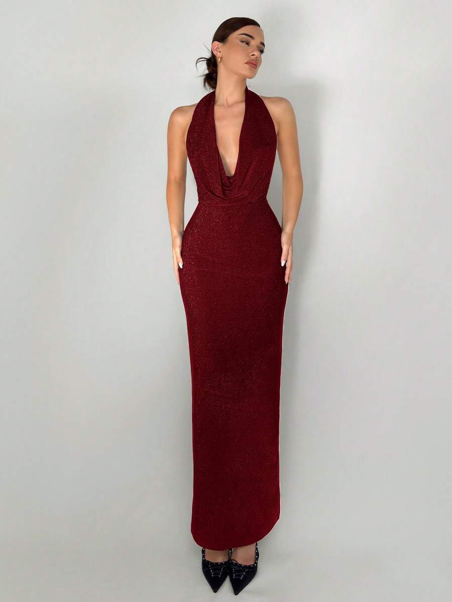 Aloruh Đầm dạ hội dài hở lưng đơn giản thanh lịch màu trắng cho nữ - Màu Đỏ Sâu - Xem 1