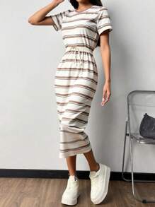 Calvaya Striped Tie Front Midi Casual Dress For Women, Minimalist Style