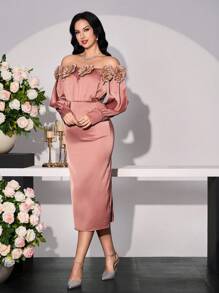 Modelyn Damska sukienka midi z odkrytymi ramionami i plisowaną talią w kwiaty, elegancka