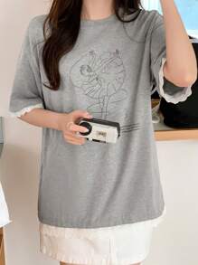 DAZY Tricou de vară pentru femei, cu guler rotund, dantelă, imprimeu de balet, mânecă scurtă, topuri drăguțe