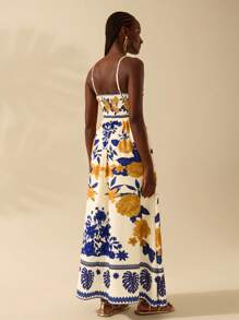 CAJUNI Women's Boho Tropical Color Print, Halter Ultra Long Dress, Summer Casual, Beach Holiday Dress