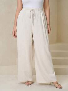 SHEIN Clasi Plus Size Franse Stijl Trekkoord Taille Wijde Pijpen Broek, Geschikt Voor Woon-werkverkeer, Minimalistisch, Kantoorkleding, Vintage, Casual, Terug Naar School, Zomer Vrouwen, Khaki