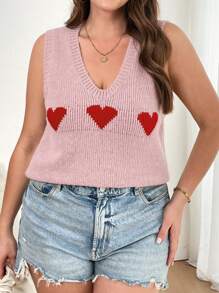 CosyJoli Plus Size Heart Print V-Neck Casual Pullover Sweater Vest, Suitable For Valentine's Day In Fall/Winter - Pink - View 9