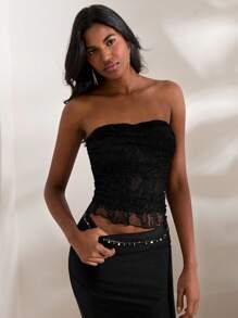 Opulessa Summer Sexy Ruched Lace Tube Top,Summer Beach Outfits, Elegant Top Party, Luxury Evening Outfits For Weddings, Sexy Club Outfits - Black - View 7