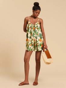 Travachic Women Loose Tropical Print Beach Holiday Sleeveless Jumpsuit - Green - View 3