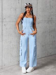 SHEIN EZwear 女士简约时尚牛仔背带裤和连体裤，日常休闲装 - 藍色 - 查看 3