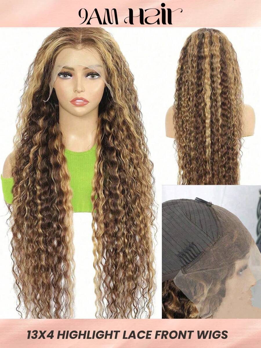 Extra Long Ombre Honey Blonde Water Wave 13 X 4 Lace Front Wigs Highlight Human Hair Wigs Bleached Knots Pre Plucked Hairline High Density Natural Looking Hair Replacement Wig For Women Highlight Color