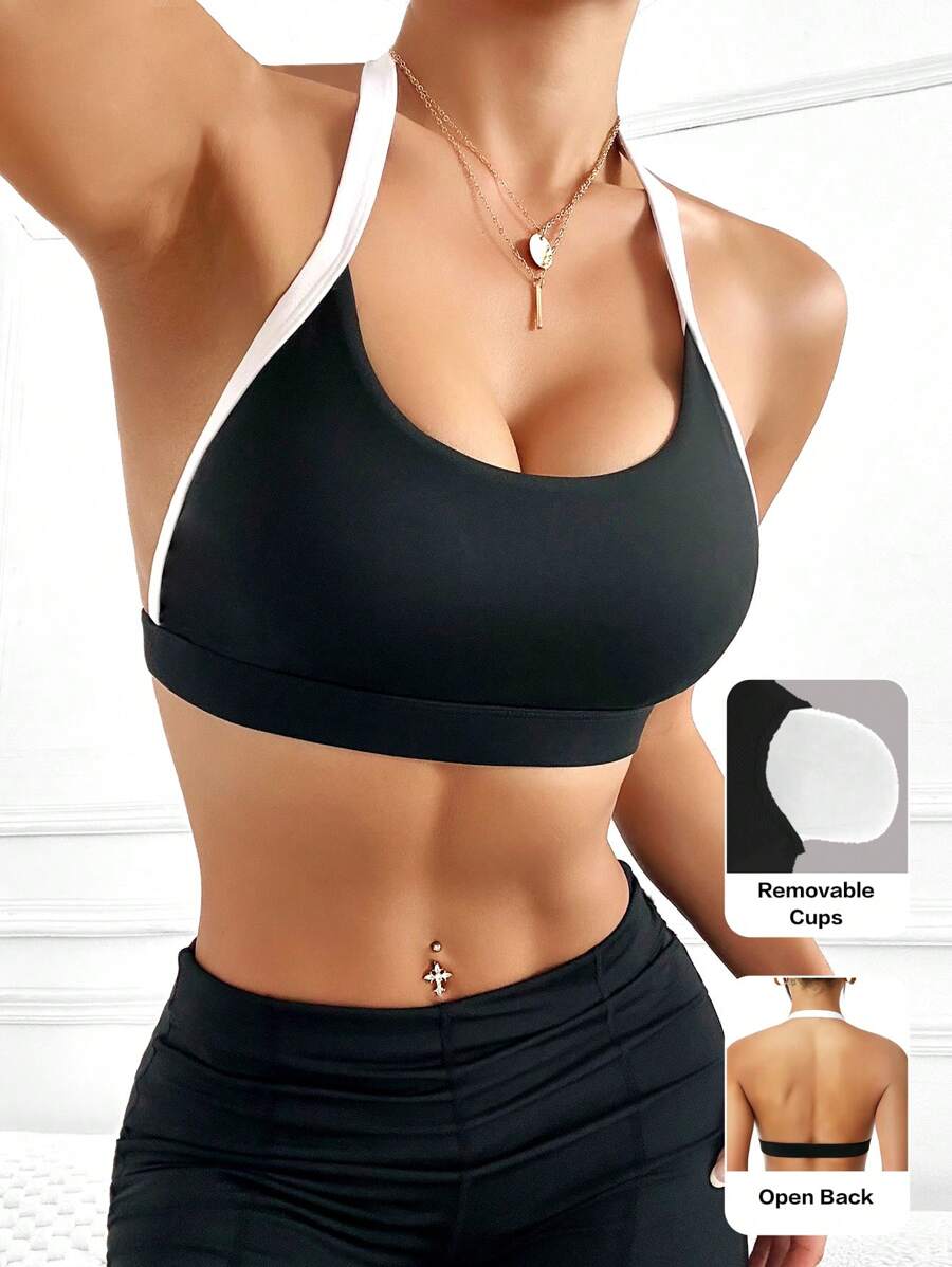 Dewbera Áo ngực thể thao hàng ngày Halter màu tương phản dành cho nữ - Đen và trắng - Xem 1