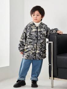 1 件装年轻男孩休闲连帽保暖内衬迷彩派克大衣，适合通勤、校服、日常休闲、派对、婚礼、洗礼 - 彩色 - 查看 3