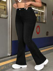 SHEIN ICON Plus Size Solid Color Pocket Zipper Slim Fit Jeans, Suitable For Daily Wear - Black - View 4