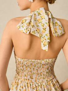 Poéselle Women's Romantic Yellow Ditsy Floral Ruched Waist Backless Halter Dress, Suitable For Vacation