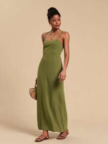 SHEIN x Lina Travachic 女士交叉肩带细肩带长连衣裙 - 紅色 - 查看 6