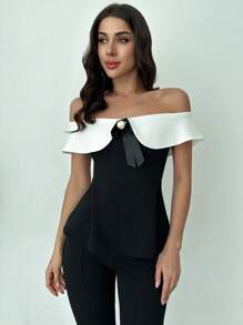 Firerie Women's Spring And Summer Elegant Romantic Fashion Commuter Sexy Fashion Office Women's Off ShoulderTop + Pants Black And White Two Pieces Set, Vacation Wear, Romantic Dating And Wedding Birthday Women's Clothes, Easter Women's Clothes, Banquet Women's Clothes, Music Festivals