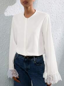 SHEIN Privé Blusa elegante con diseño minimalista de aspecto vintage, cuello, contraste de encaje y mangas de campana para mujer - Blanco - Ver 7