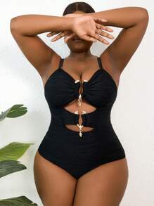 Slaydiva Plus Size Women's High Elastic Solid Color Special Fabric Slim Hollow Beach Pool Detachable Shoulder Straps Casual Sexy One-Piece Swimsuit For Summer Beach Vacation - Multicolor - View 8