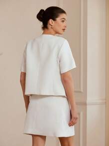 Aveloria Rosie Women's White Simple Elegant Elegant Commuting Versatile Fashion Short-Sleeved Thin Tweed Fabric Suit Jacket   Old Money Style For Summer - White - View 2