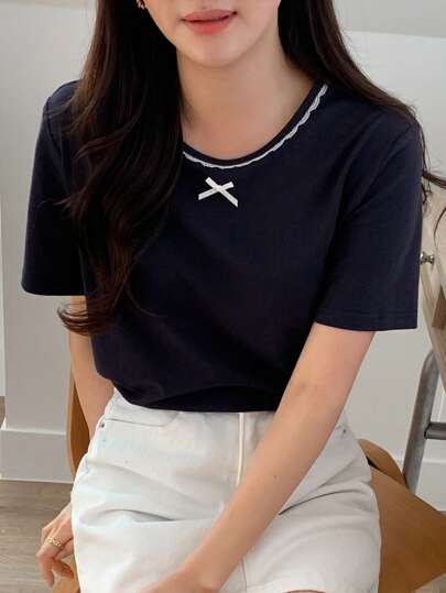 DAZY 女士圆领撞色蝴蝶结荷叶边短袖T恤夏季可爱上衣