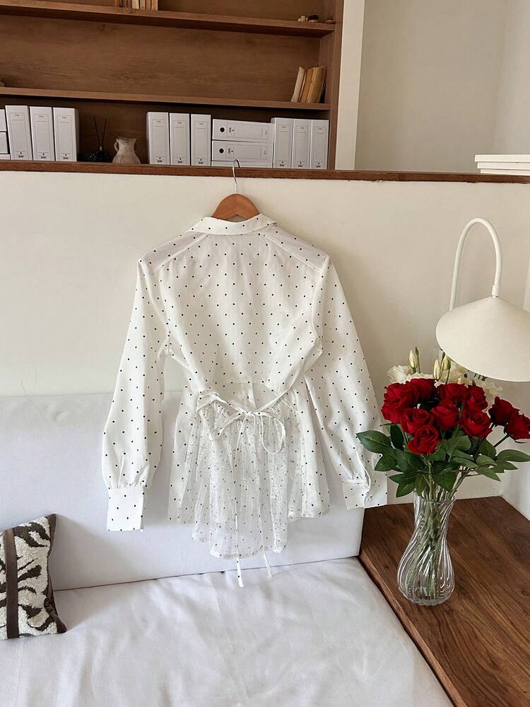Women's Casual Mesh Stitching Long-Sleeved Polka Dot Shirt,Fall Clothes Long Sleeve Top