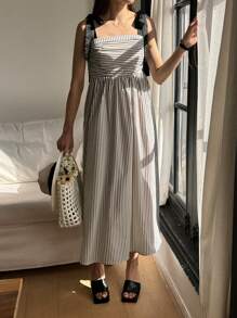 DAZY Vestido casual de verano con tirantes anudables, a media pierna, de estilo rayado para mujer