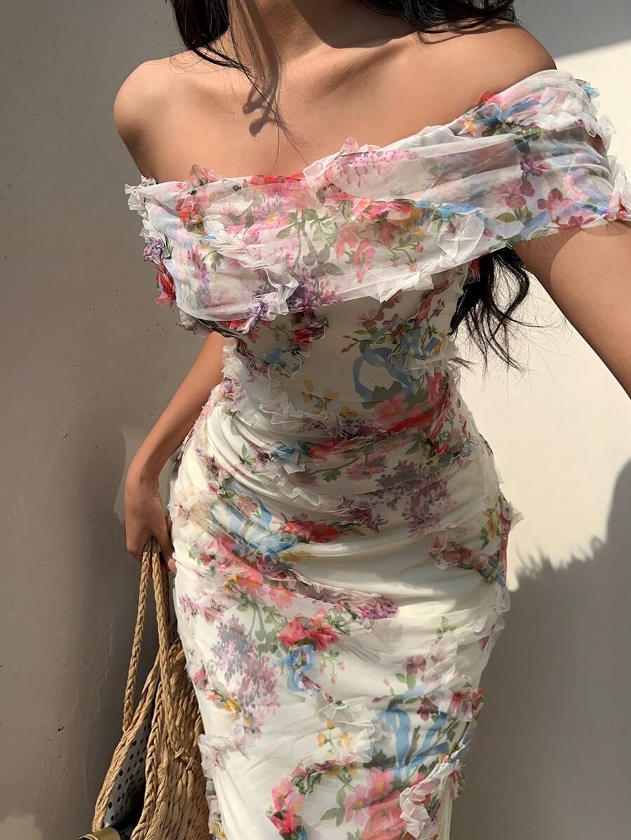 SHEIN Unity Floral Print Off Shoulder Mesh Dress - Pink - View 1
