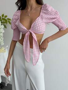 Aloruh Women's Check Tie Puff Sleeve Cropped Shirt - Pink - View 6